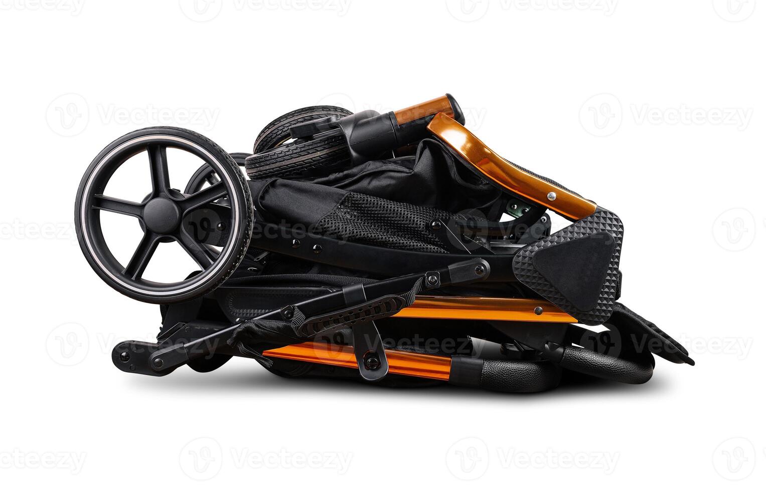 Modern folded baby stroller isolated on white background photo