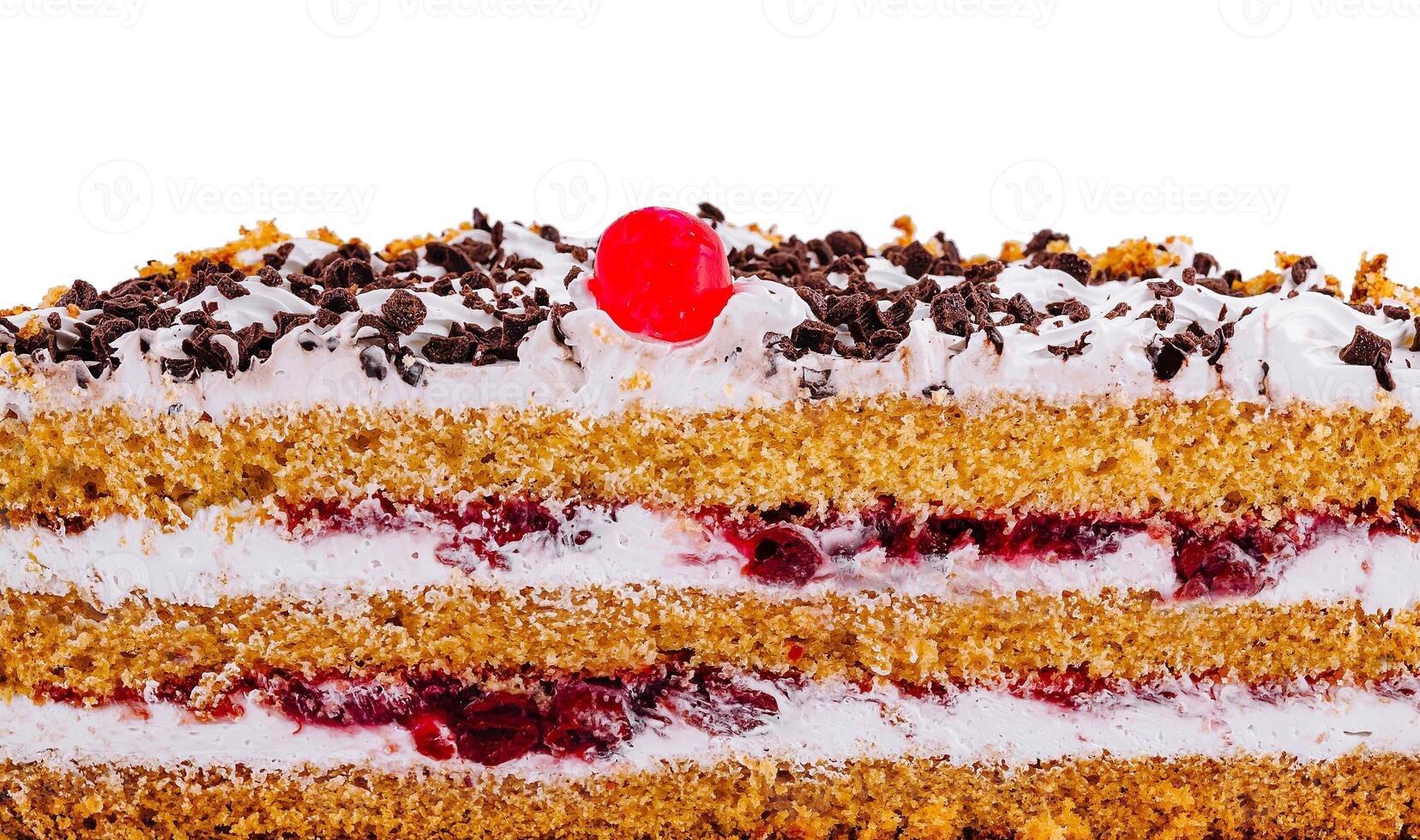Delicious cake with chocolate sprinkles and cherry filling showing its layers photo