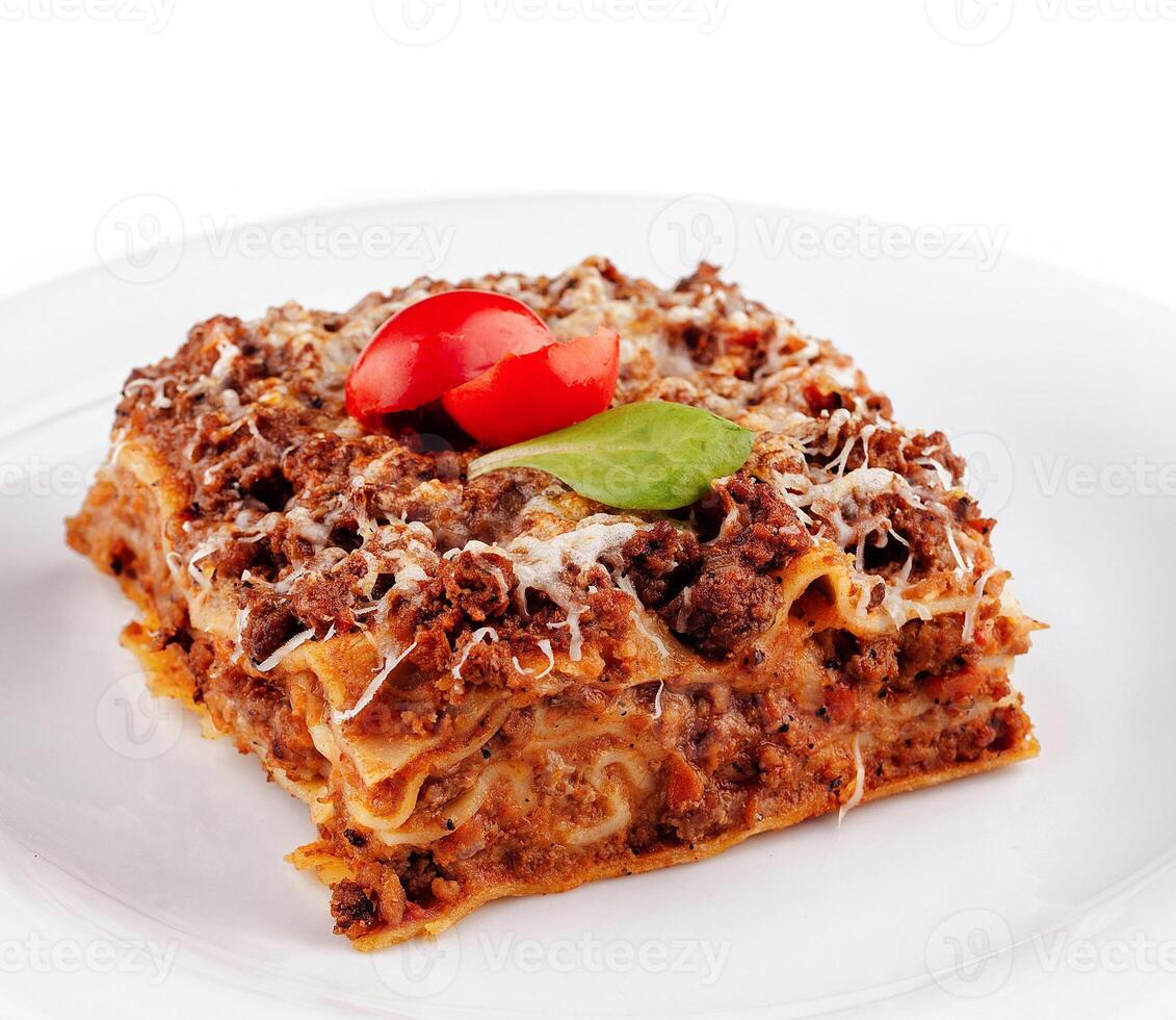 Portion of lasagna sitting on a white plate photo