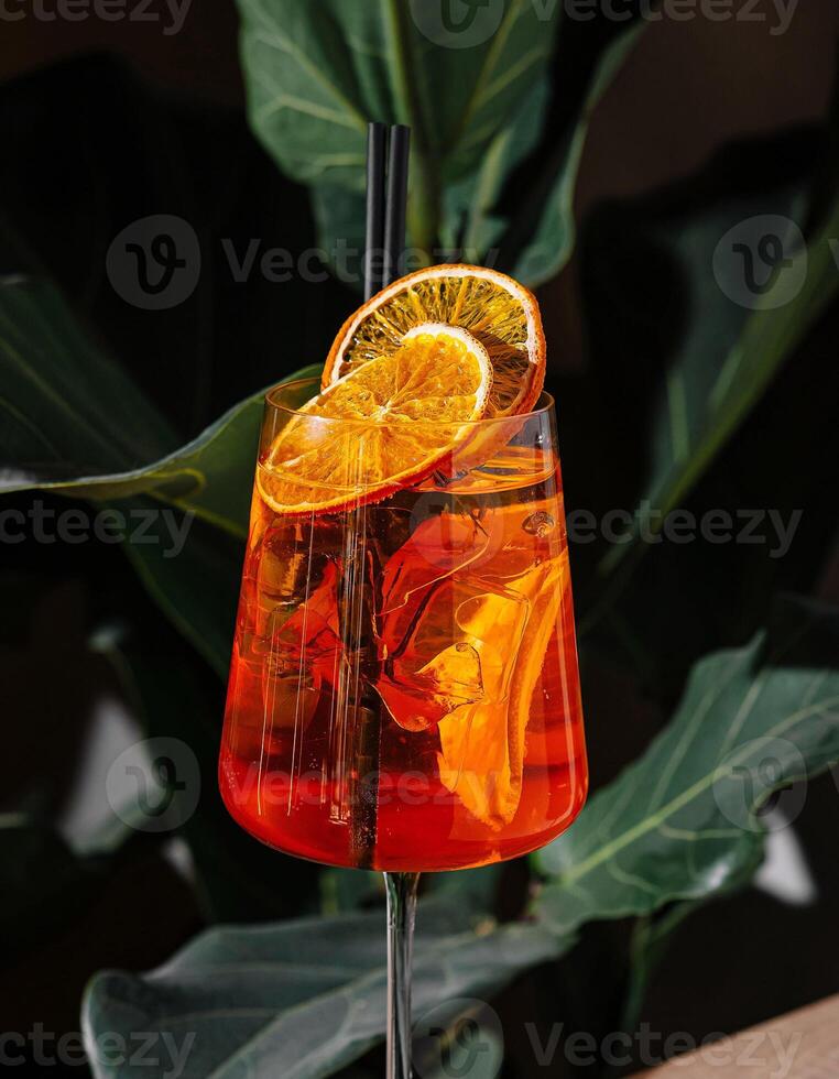 Refreshing aperol spritz cocktail standing on a table with tropical plants in the background photo