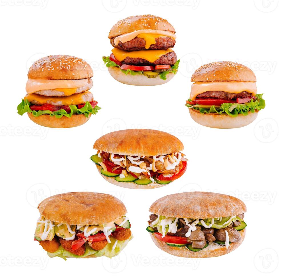 Delicious burgers and sandwiches with various ingredients on white background photo