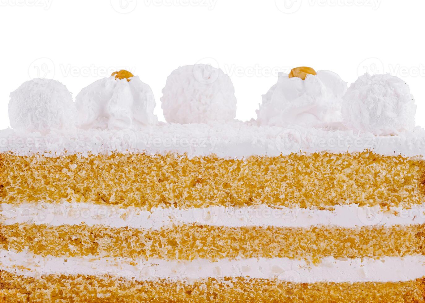 Delicious cake layers showing filling and coconut topping decoration photo