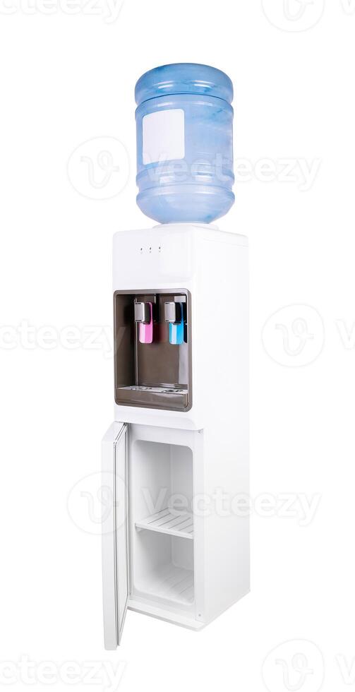 Modern water cooler dispenser with big blue bottle standing on white background photo