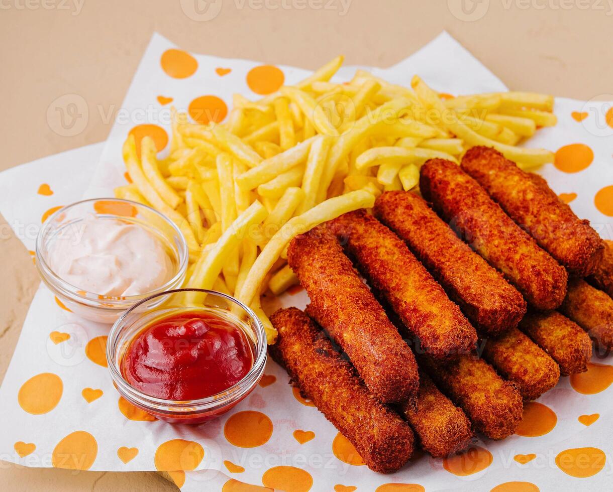 Breaded mozzarella sticks with french fries and dipping sauces photo