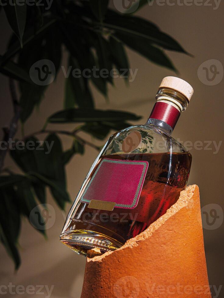 Bottle of cognac balancing precariously on edge of broken clay pot photo