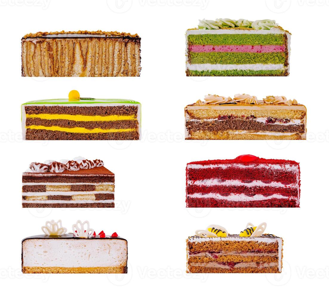 Delicious cakes slices showing its inside on white background photo