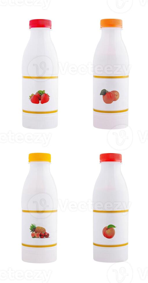 Four white bottles with blank label displaying different fruits photo
