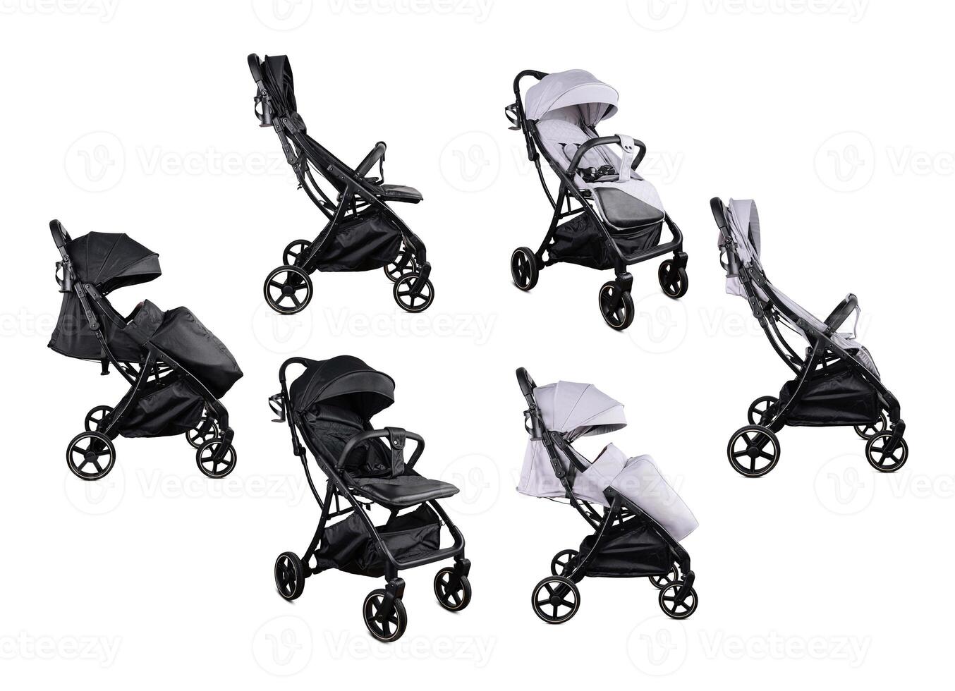 Baby stroller isolated on white background showing different positions photo