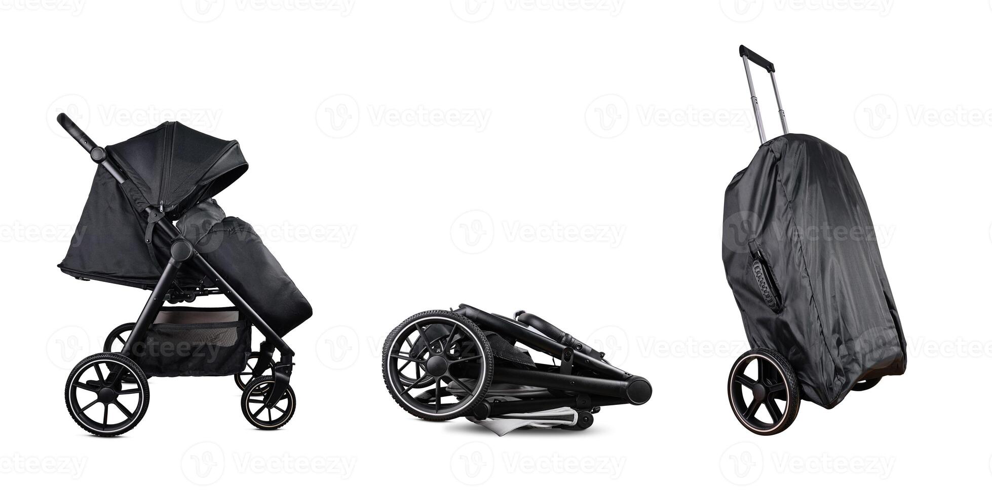 Black baby stroller isolated on white background in different positions photo
