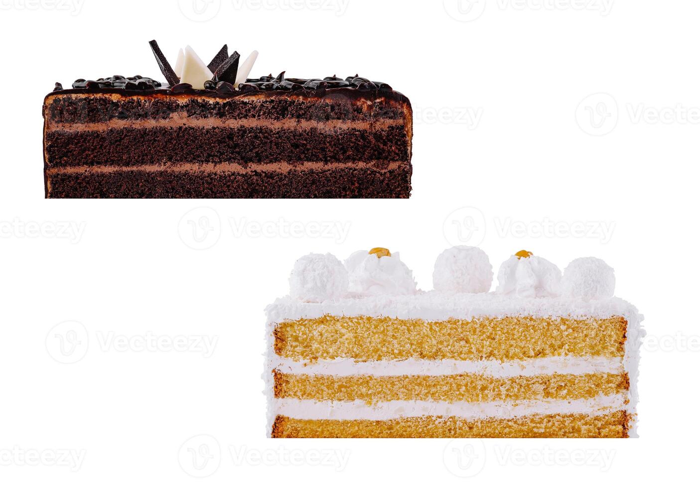 Delicious chocolate and vanilla cakes showing their layers photo