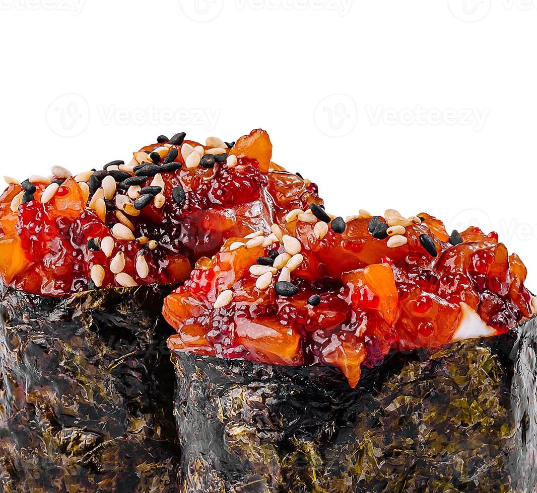 Gunkan sushi with spicy sauce and sesame seeds close up photo