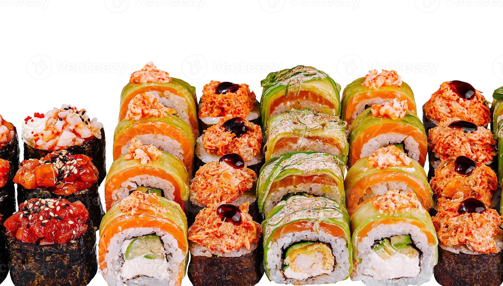 Sushi set presenting variety of japanese dishes with rice and seafood photo