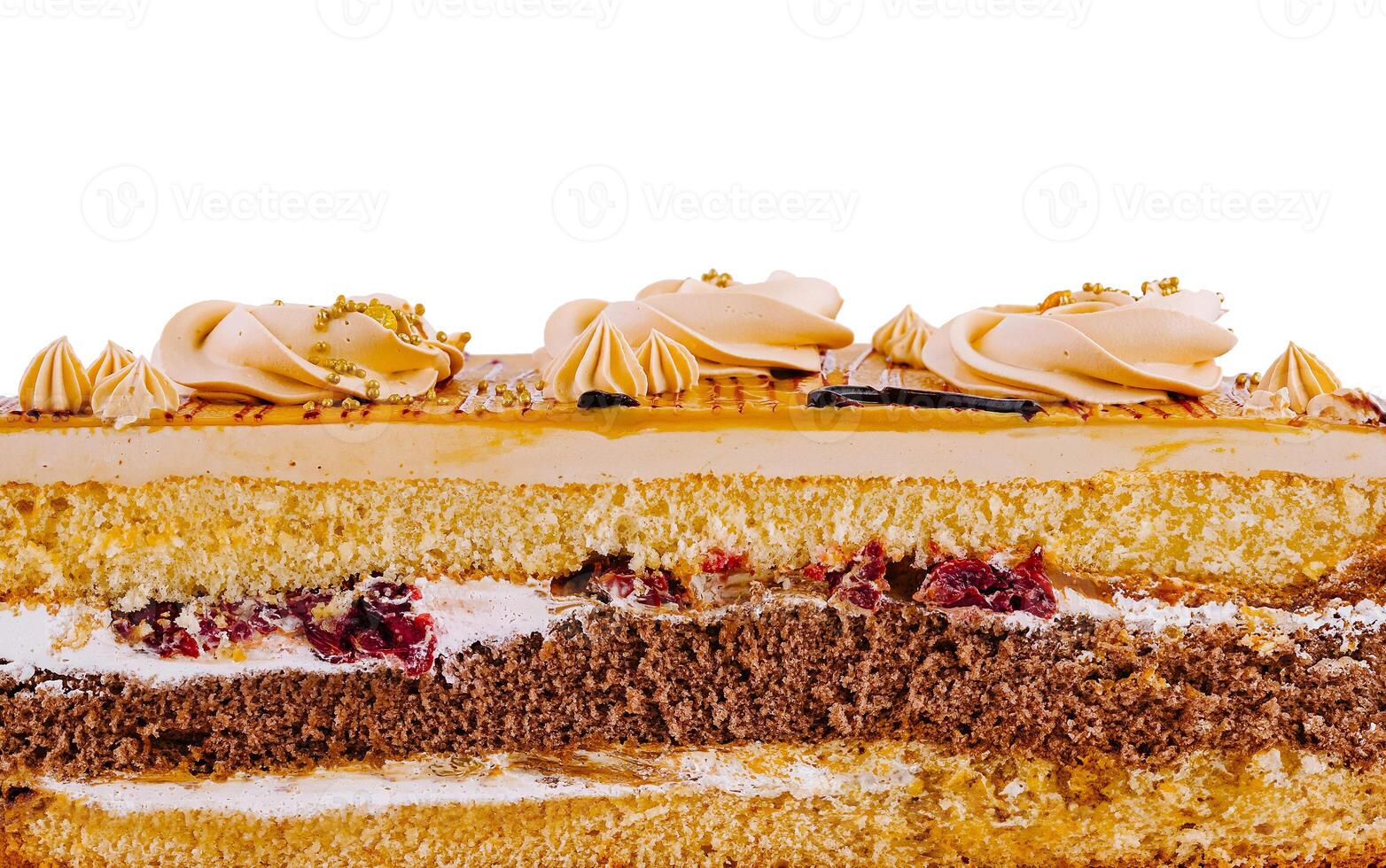 Delicious cake is showing its layers of biscuit and cream on a white background photo