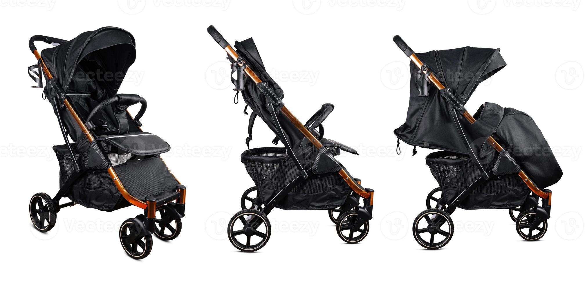 Modern black and copper baby stroller folding on white background photo