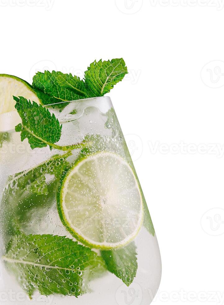 Refreshing mojito cocktail with lime and mint on white background photo