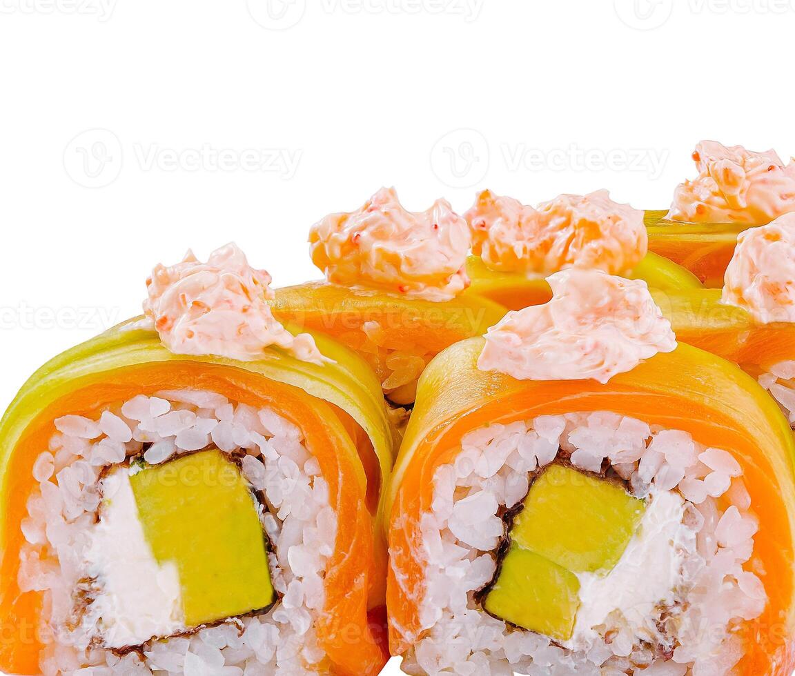 Appetizing sushi roll platter isolated on white photo