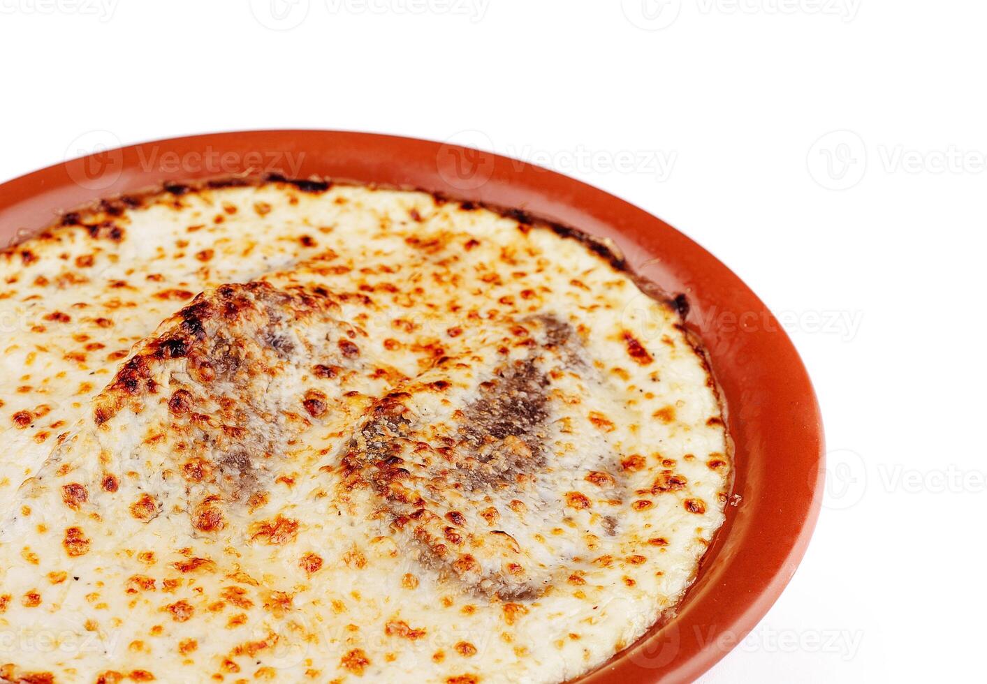Delicious lasagna with meat and cheese baking in rustic clay plate photo
