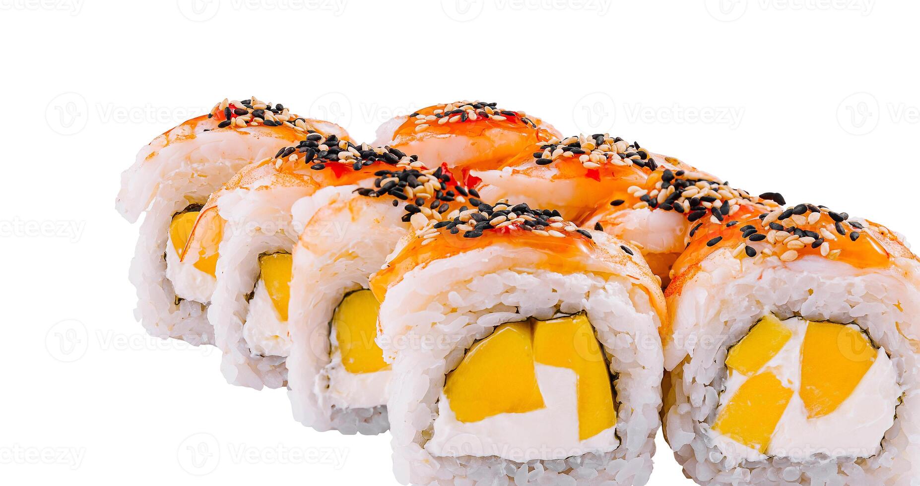 Sushi rolls with mango and cream cheese being isolated on white background photo