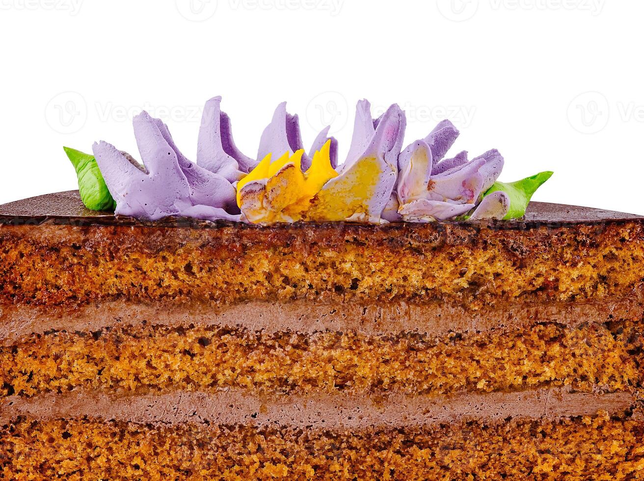 Delicious chocolate cake with butter cream flowers showing its layers photo
