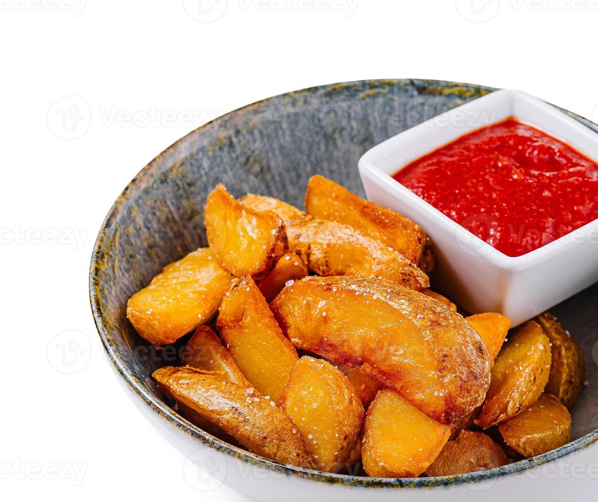 Bowl of potato wedges with tomato sauce and a rustic background photo