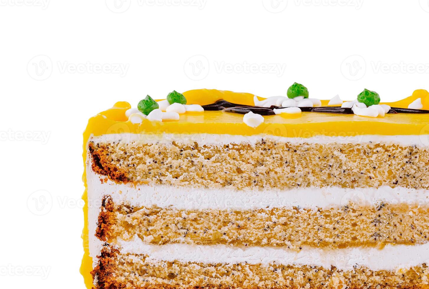 Delicious lemon cake with white chocolate decoration isolated on white background photo