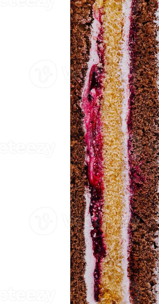 Delicious layered cake with chocolate and berry filling showing texture photo