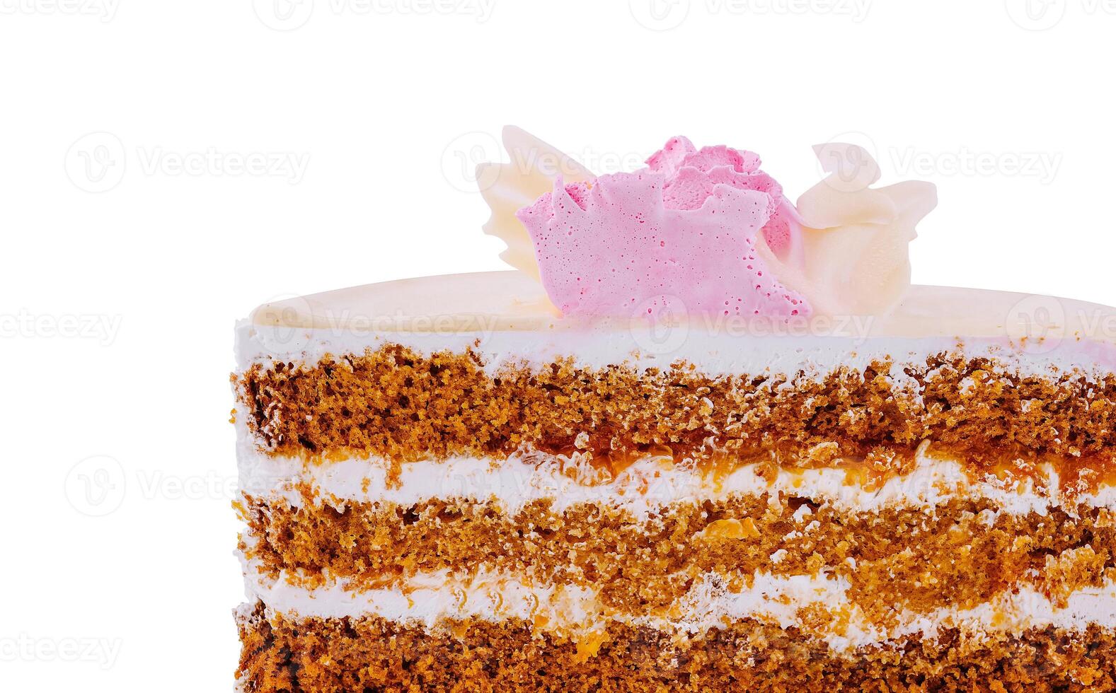 Delicious cake showing layers of cream filling and sponge cake photo
