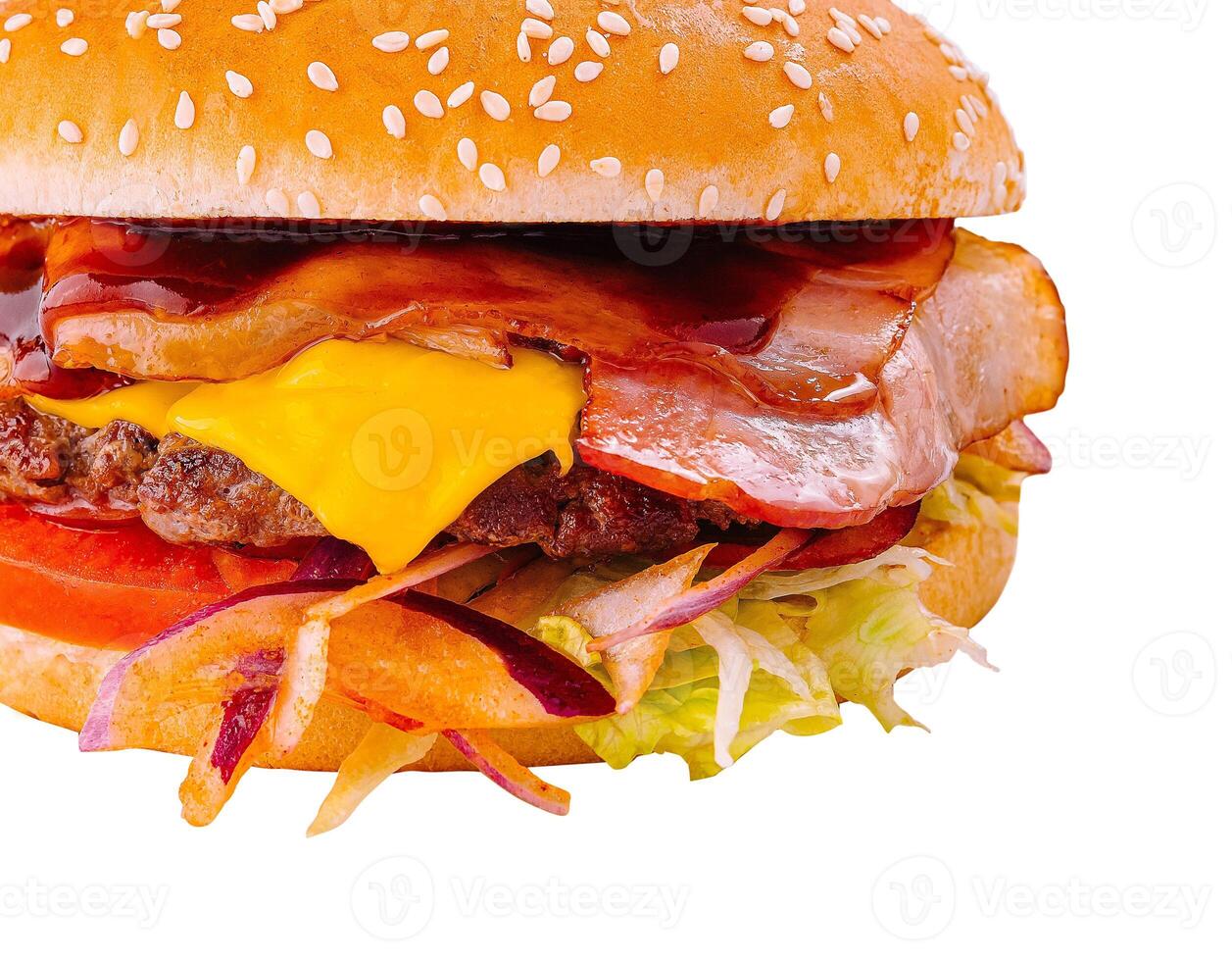 Delicious bacon cheeseburger on white background photo