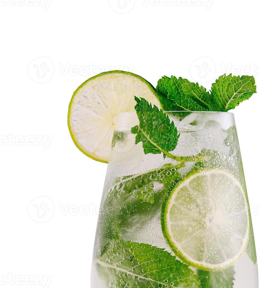 Refreshing mojito cocktail with rum, mint and lime on white background photo