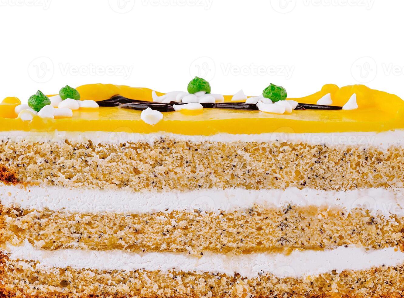 Delicious lemon cake with white chocolate decoration isolated on white background photo