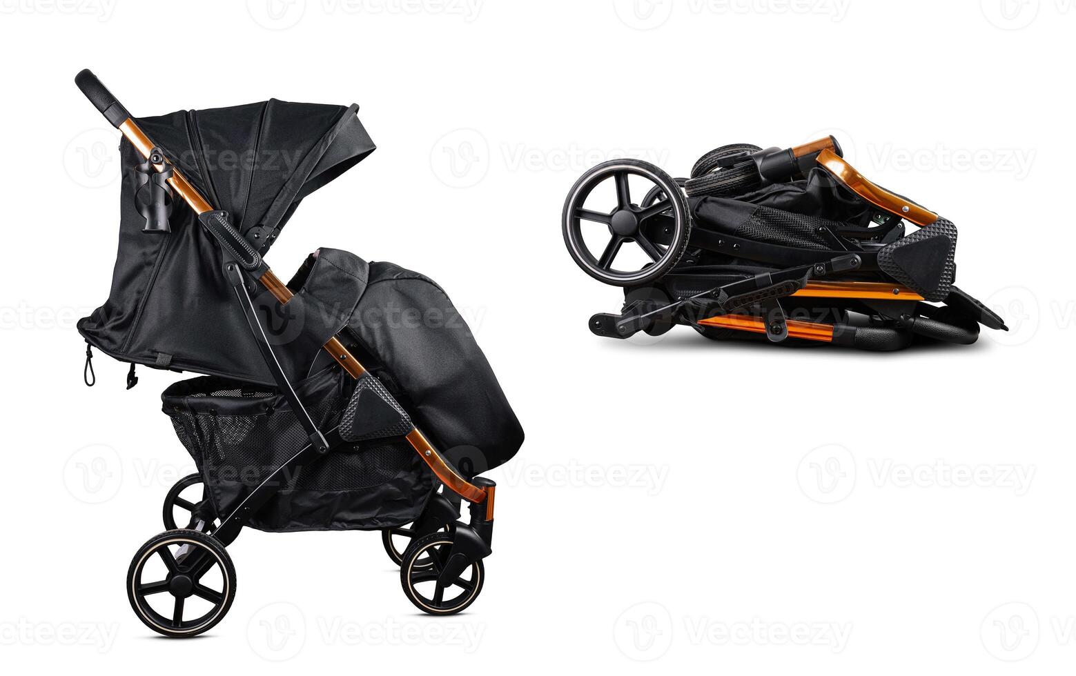 Modern baby stroller standing and folded showing different angles photo