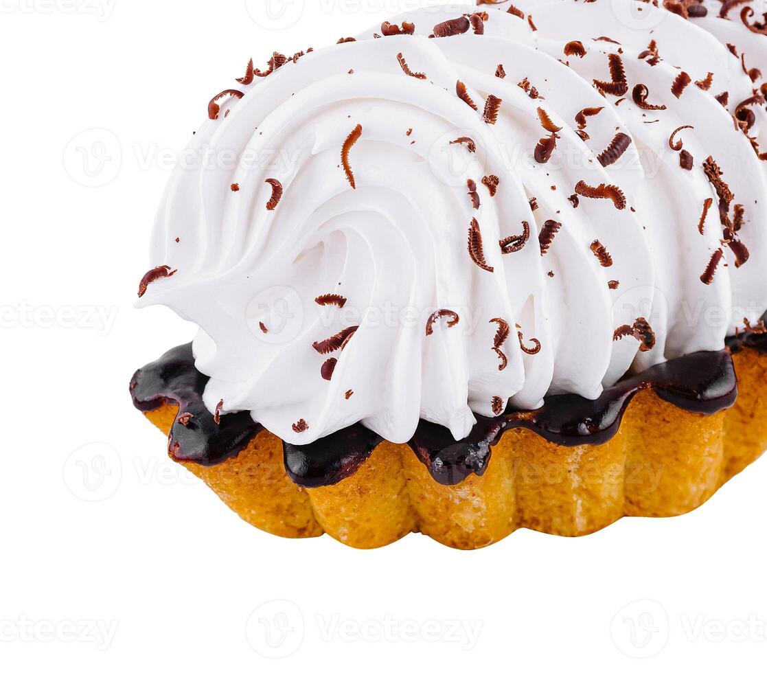 Delicious cake with white cream and chocolate sprinkles on white background photo