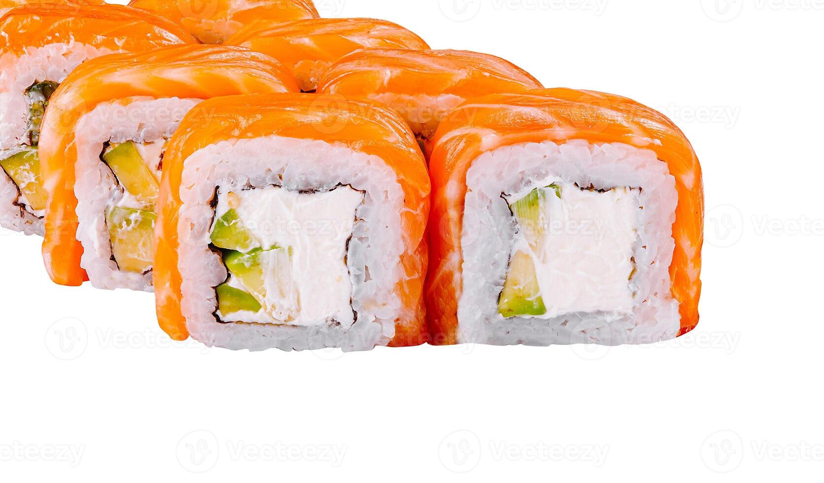 Philadelphia sushi roll laying on white background photo