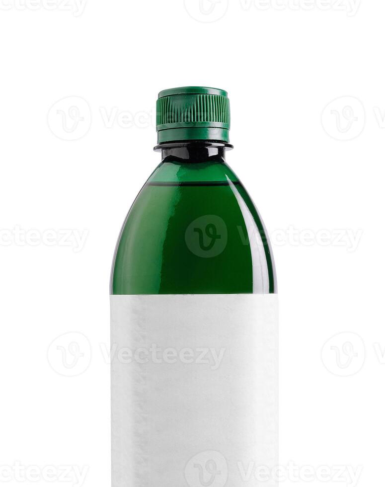 Green bottle with blank label displaying on white background photo