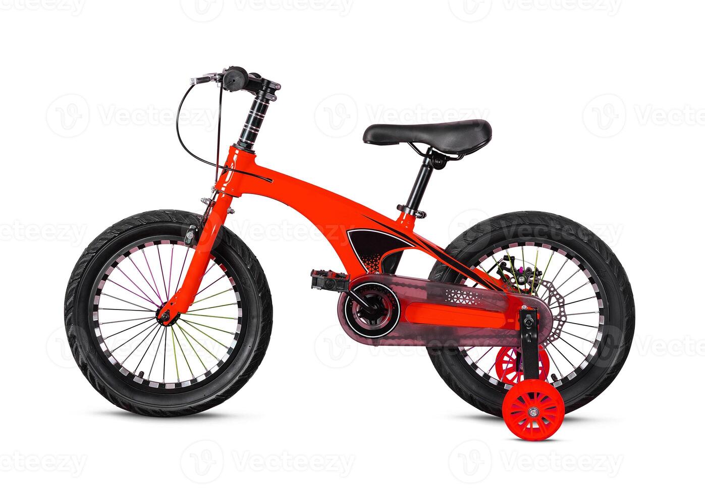 Red children's bicycle isolated on white photo