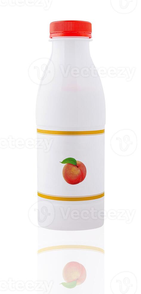 White plastic bottle with peach label reflecting on surface photo