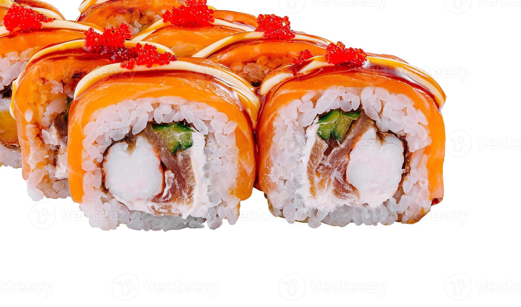 Delicious sushi roll with salmon on white background photo