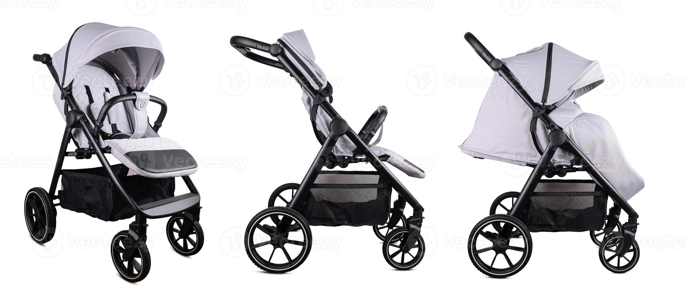 Modern baby stroller isolated showing different viewpoints photo