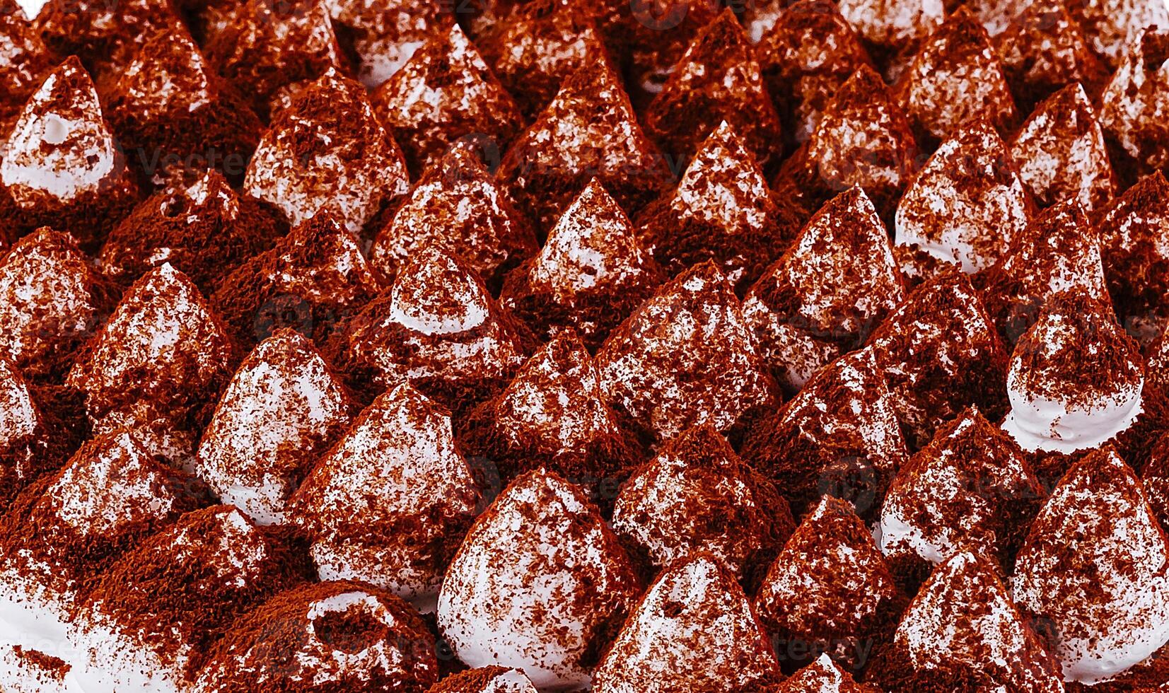 Tiramisu cake surface covered in cocoa powder forming a pattern photo