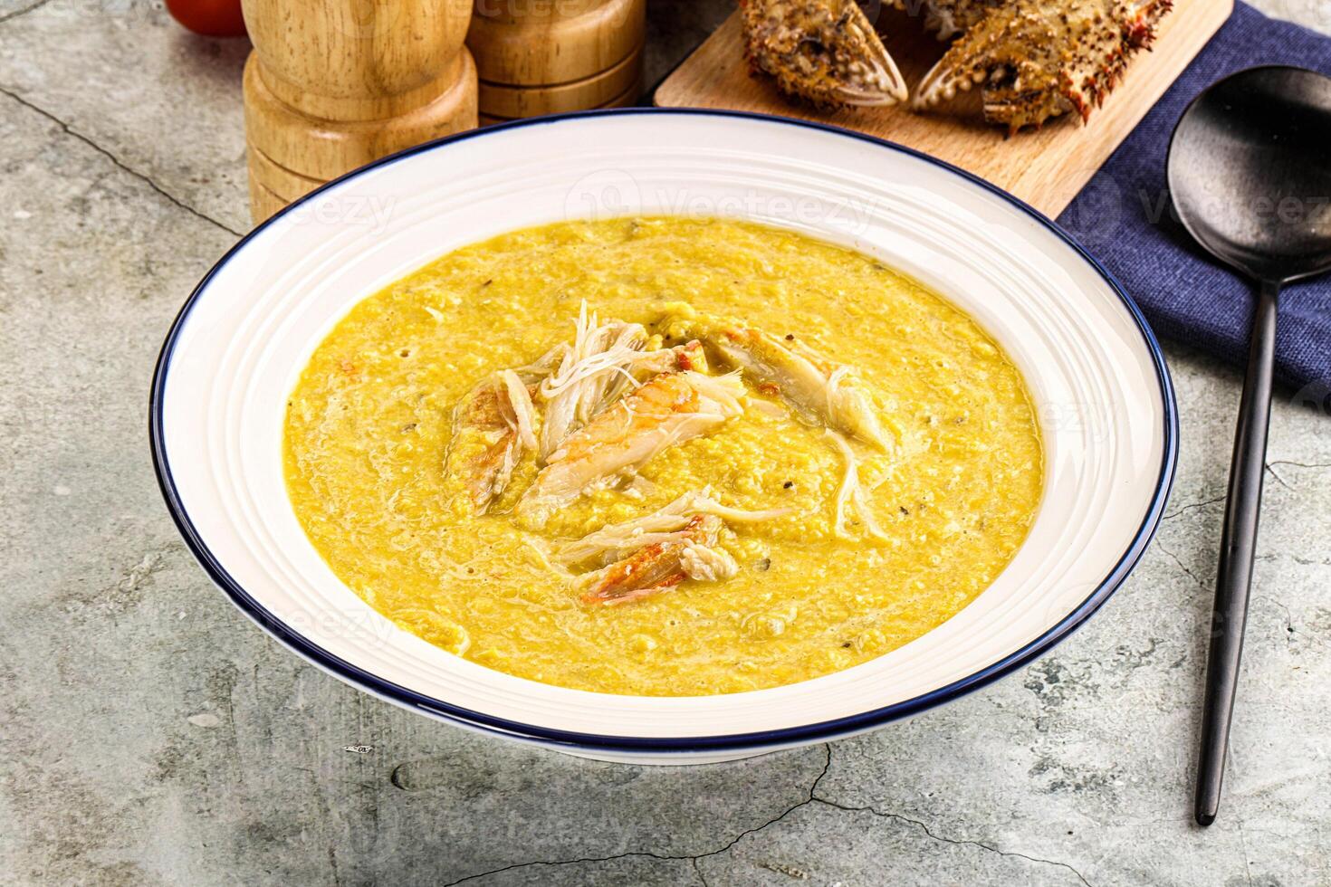 Corn cream soup with crab photo
