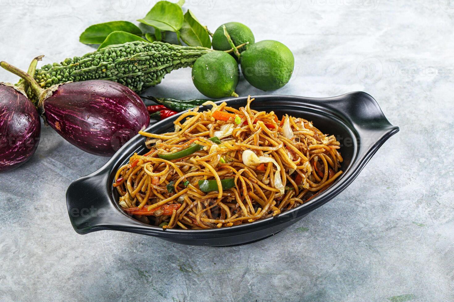 Stir fried noodles with vegetables photo