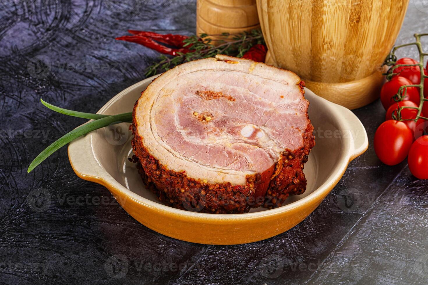 Tasty and fat smoked pork belly photo