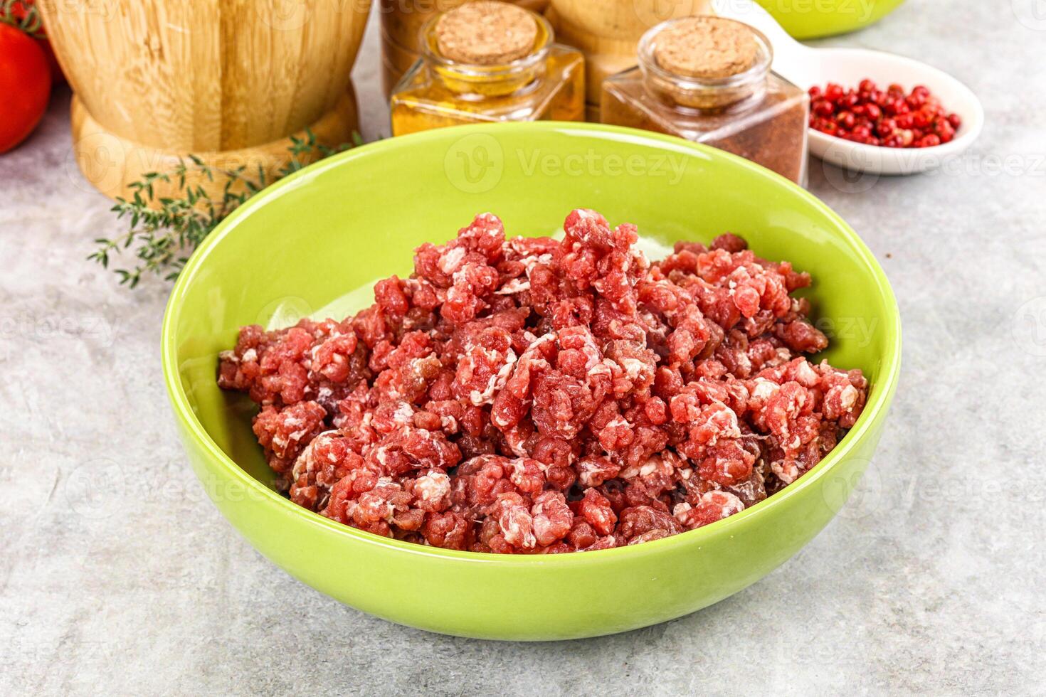 Raw beef minced meat for cooking photo