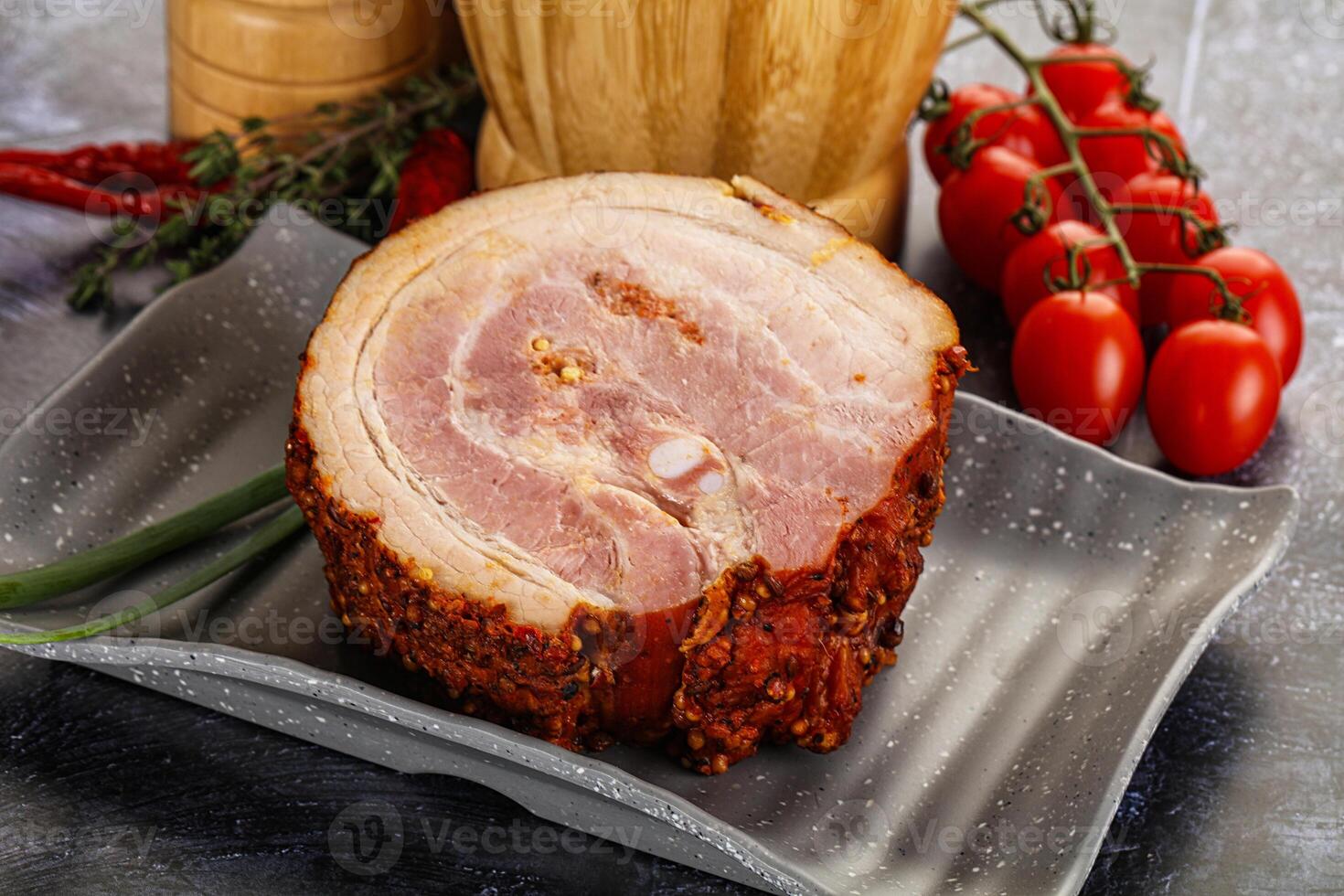 Tasty and fat smoked pork belly photo