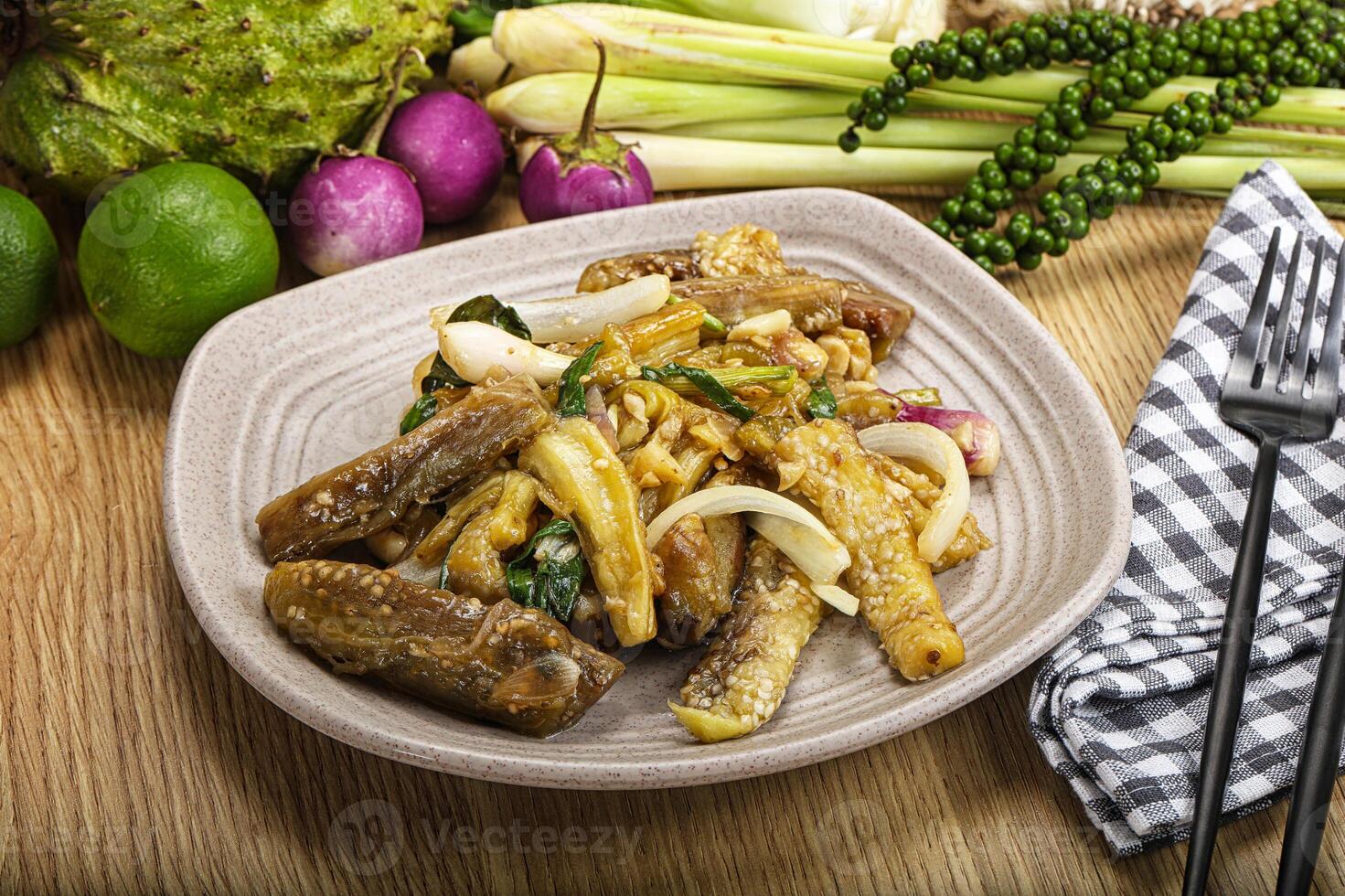 Roasted Thai eggplant with onion photo