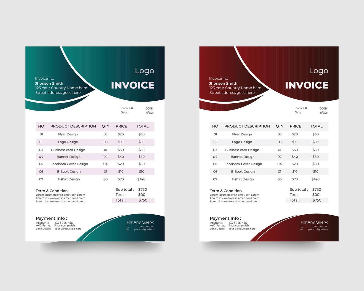 Creative, modern, unique, clean, and professional corporate company business invoice template design.Creative invoice template . business stationery design payment agreement design template vector
