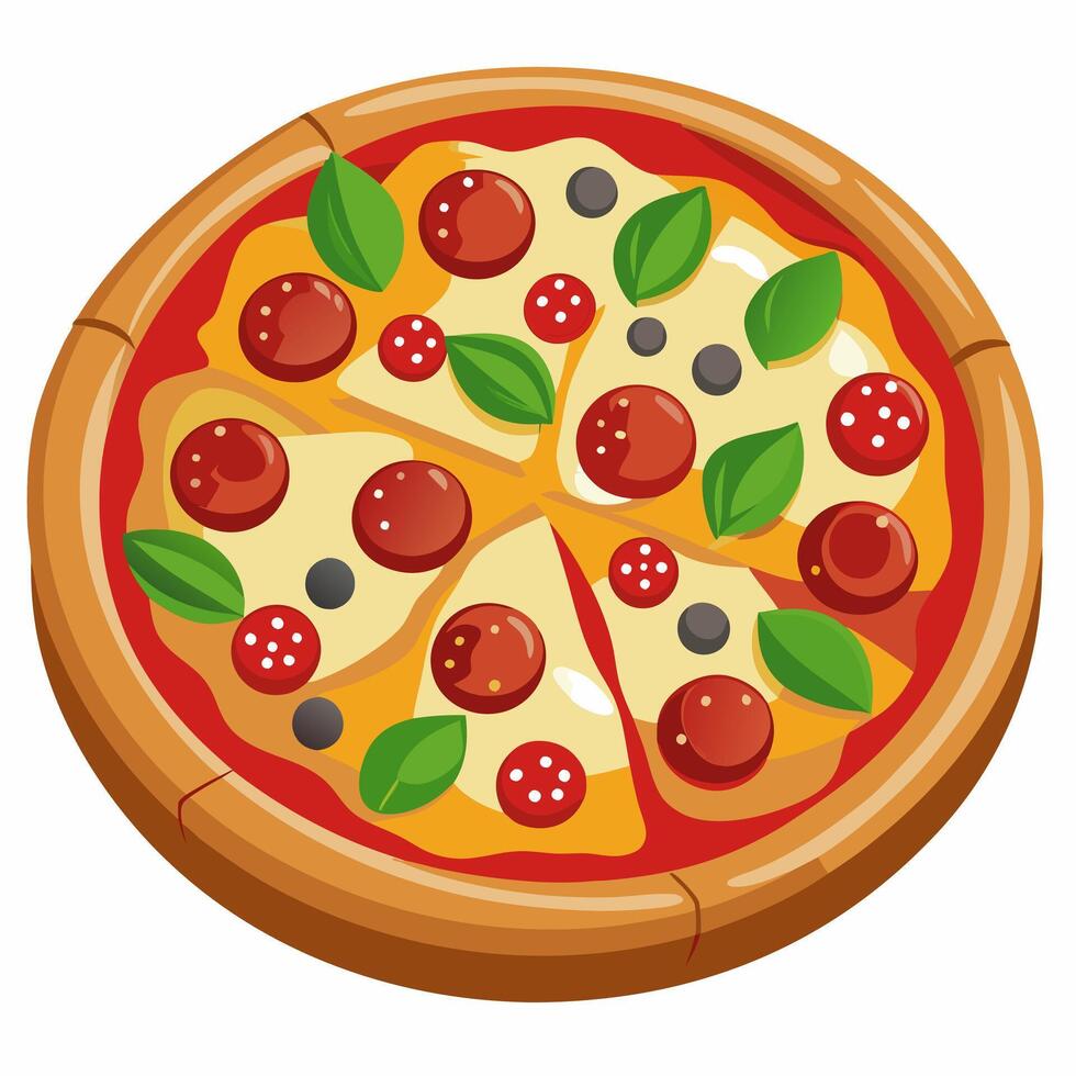 a drawing of a pizza with tomatoes and green pepper. vector