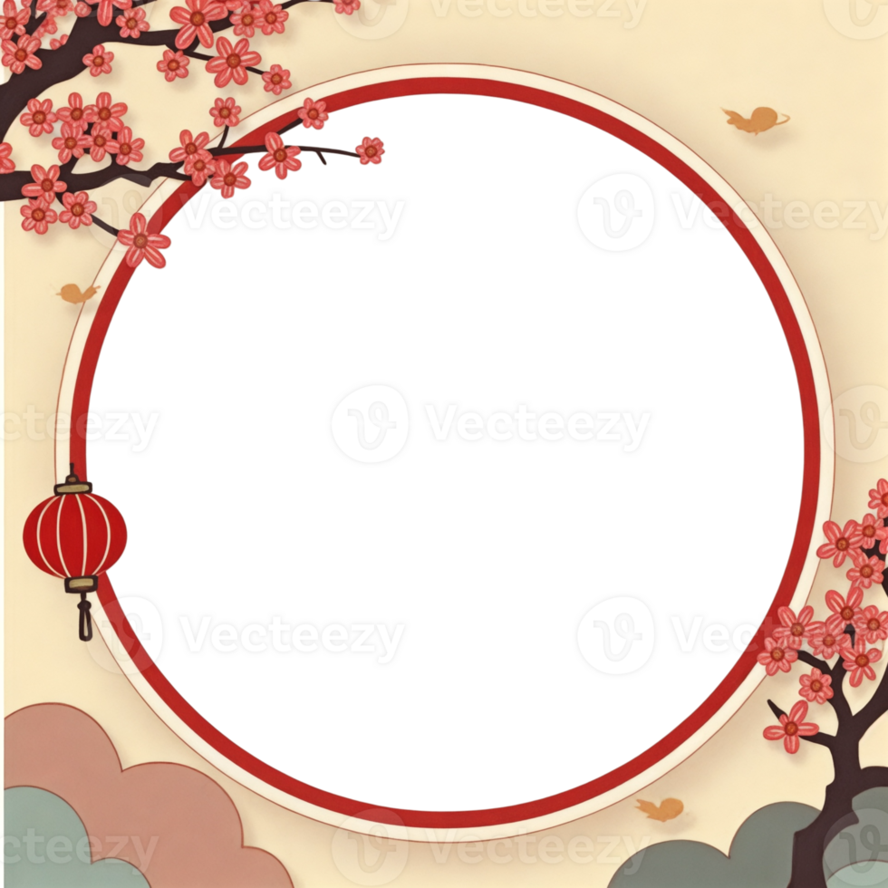 Chinese new year frame with cherry blossom and lanterns png