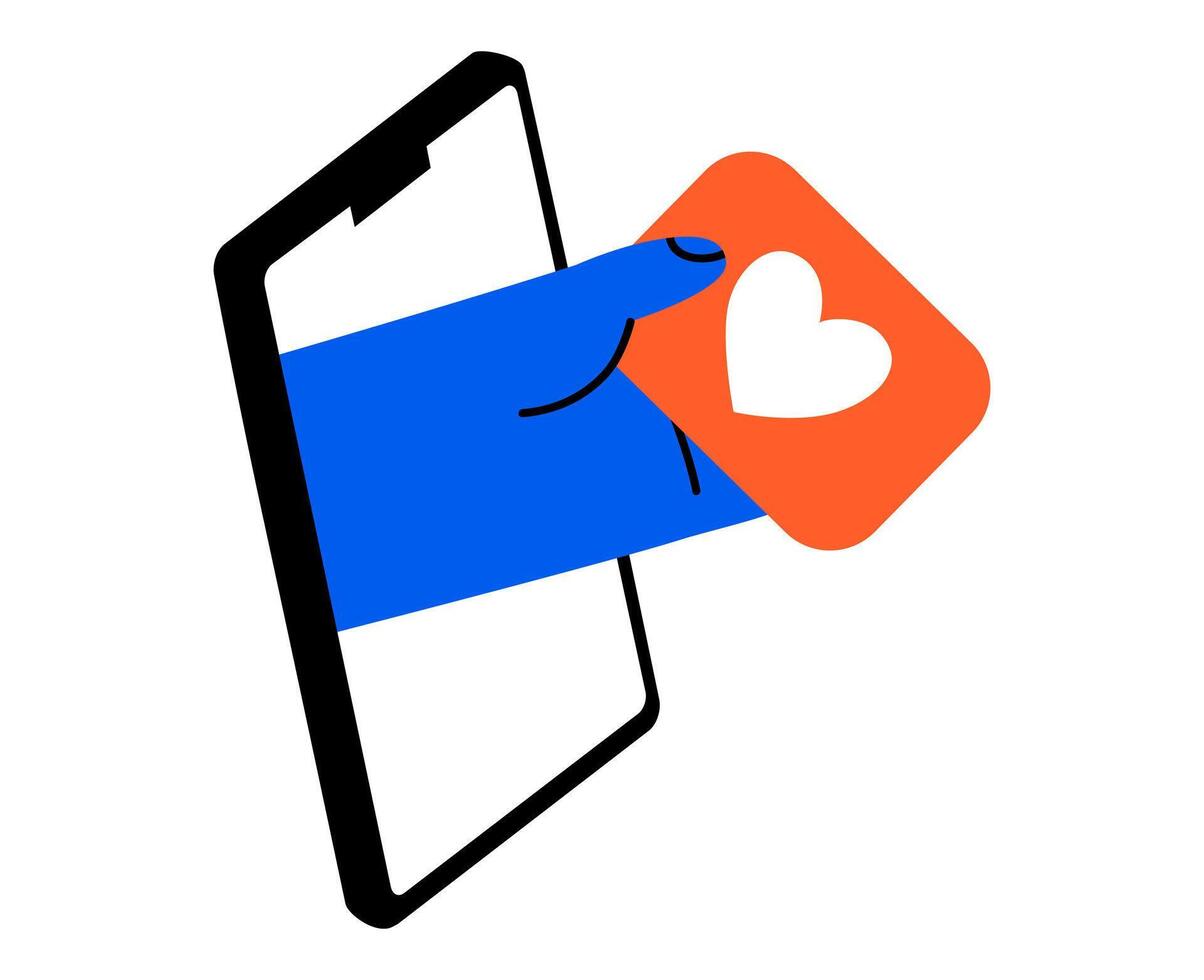 Hand drawn cute cartoon illustration of hand from phone screen with like. Flat speech bubble with heart in arm doodle. Online relationships. Social media addiction icon. Dating app. Isolated. vector