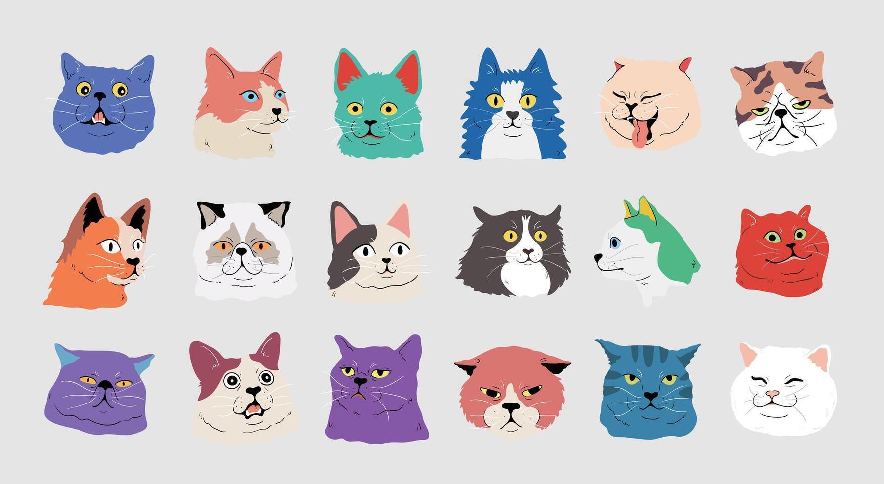 Whimsical Collection of Colorful Cartoon Cats with Diverse Expressions,Cat face head set ,cat breeds portraits collection vector